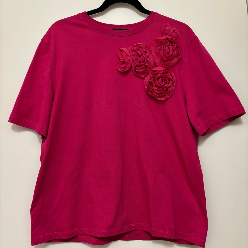 Zara Hot Pink Short Sleeve Tee with Rosette Detail